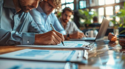 Close-up of a team analyzing financial reports and data in a bright, modern office with natural light and plants, focusing on collaborative work.