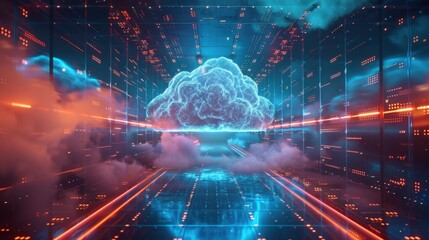 Cloud Computing: A Futuristic Vision: A mesmerizing abstract visualization of cloud computing, with a glowing blue cloud at the center of a futuristic server room, symbolizing data storage, connectivi
