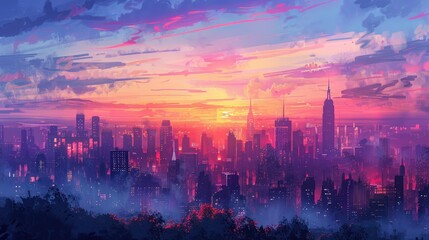Obraz premium Vibrant Sunset Over New York City Skyline With Colorful Clouds and Urban Buildings. Generative AI