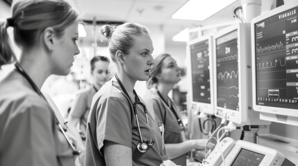 Paramedic Briefing Hospital Staff: Black and White Front View of Emergency Room Handover Technology for Heart Disease Patient