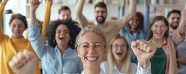 Fototapeta premium Celebrating Corporate Success: Colleagues Cheering in Modern Office Space