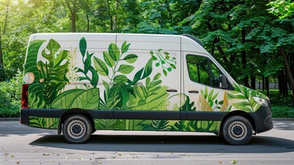 Delivery van with a green forest design parked near lush trees, blending eco-friendly branding with nature, perfect for a sustainable transport service