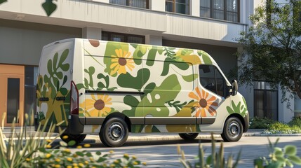 Colorful floral delivery van parked in a quiet neighborhood, showcasing eco-friendly branding on a sunny day