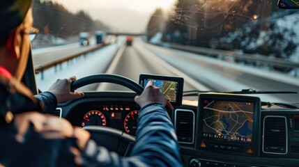 Obraz premium Truck driver is using a gps navigation system while driving on a highway in winter conditions. The sun is setting in the background, creating a warm glow