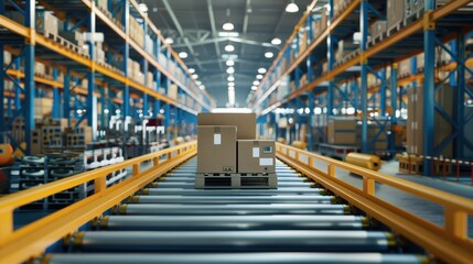 Cardboard boxes moving on a conveyor belt in a distribution warehouse, showcasing the efficiency and automation of modern logistics