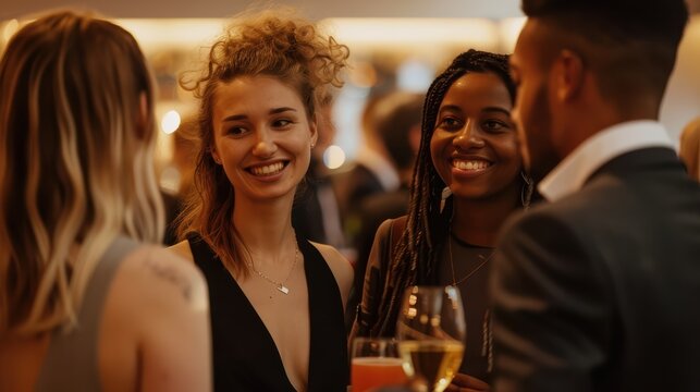 Diverse business team socializing at corporate event, networking and celebrating success in professional atmosphere - Powered by Adobe