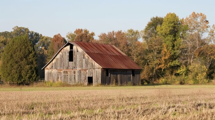 Obraz premium Old rustic barn with weathered wood and a rusty tin roof is standing in a field with trees in the background showing fall colors