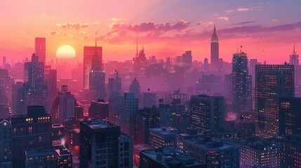 Spectacular Sunset Over Urban Skyline Highlighting Iconic Buildings and Vibrant Colors in a Major City. Generative AI