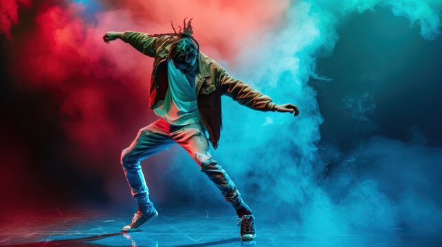 Professional dancer mesmerizes the audience with a contemporary performance on stage. Surrounded by vibrant lights and swirling smoke. Showcasing flexibility. Strength