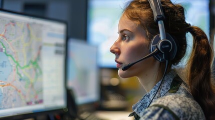 Young female dispatcher is working on transportation logistics, carefully analyzing maps and routes displayed on multiple computer screens. She is wearing a headset for clear communication
