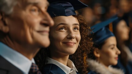 Fototapeta premium Proud grandfather is smiling at his granddaughter who is wearing a graduation cap and gown during her university graduation ceremony