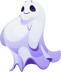 Cartoon Halloween ghost character, scary spooky personage, horror evil monster with friendly face expression and playful grin floating in the air. Isolated vector fat spook, white phantom or spirit