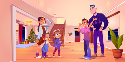 Fototapeta premium Happy smiling children and man in home hall room interior with entrance door and window, stairs and decorated Christmas tree in back. Cartoon vector illustration of winter xmas holiday family party.
