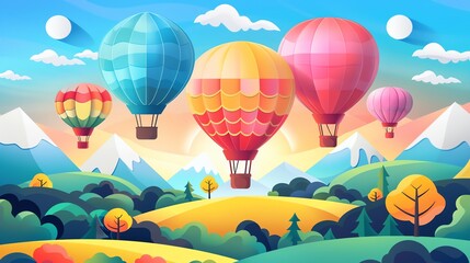 Fototapeta premium A colorful illustration of hot air balloons floating over a mountain landscape.