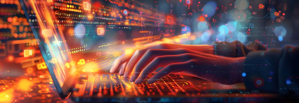 Hands typing on a laptop keyboard with abstract digital code and colorful lights, representing coding, technology, and software development.