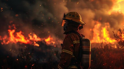 Blaze overtakes the dusk, a solitary firefighter stands ready, helmet glinting in the firelight, prepared to protect and save lives