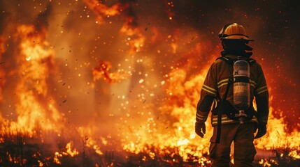 Naklejka premium Dusk succumbs to flames, firefighter in full gear ready to face the inferno, dramatic scene of heroism against a backdrop of fire
