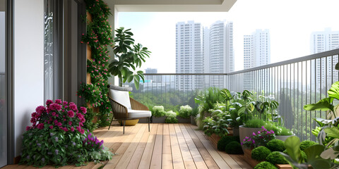 Fototapeta premium Modern balcony garden with lush plants, flowers, and wooden decking, overlooking urban skyscrapers, perfect for outdoor relaxation.