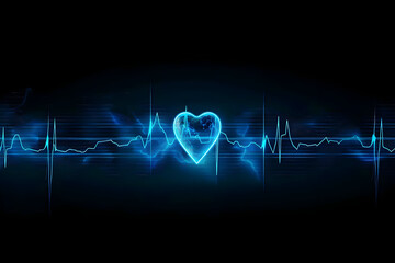 Neon blue heart and electrocardiogram pulse line on a dark background, symbolizing health, heartbeat, and medical technology.