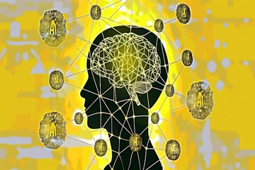 Human Silhouette with Glowing Yellow Network and Coin Connections in Abstract Setting
