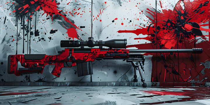 Modern red sniper rifle with a tactical scope against an artistic background of paint splatters and contrasting colors.