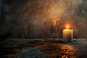 Warm candlelight illuminates a dark, rustic setting, casting a soft, comforting glow on an aged, textured surface evoking serenity and contemplation.