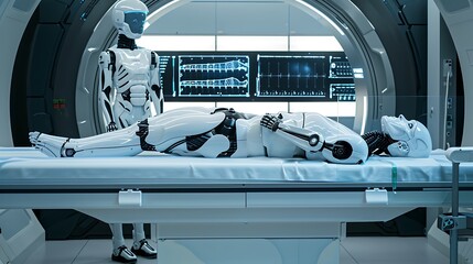 Advanced imaging robotic diagnostic scanner conducting full-body scan on patient detecting health issues with innovative healthcare technology in a state of the art medical facility