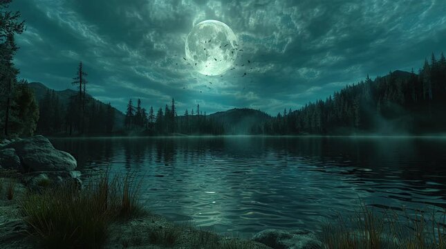 Enchanting lake illuminated by the full moon on a serene fantasy night, creating a magical landscape
  Seamless looping 4k time-lapse virtual video animation Generated AI