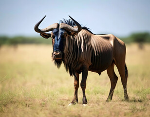 wildebeest in the wild. looks at the camera.