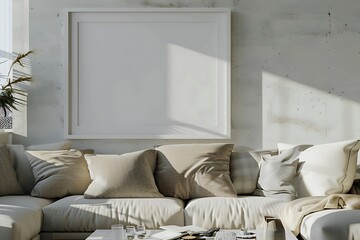 Stylish seating featuring a blank white frame in a contemporary living space.