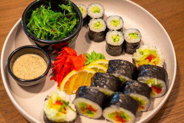 Sushi on a plate. Vegan sushi. High quality photo