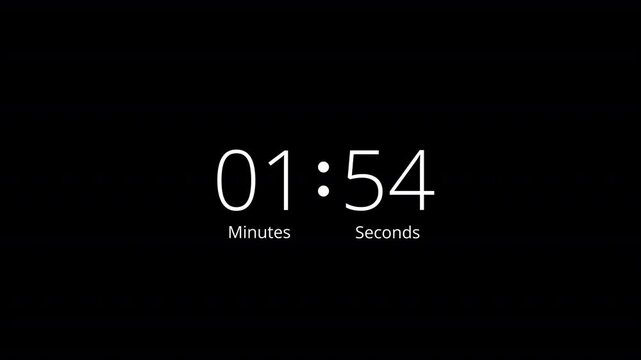 animation of two minutes countdown on transparent background with alpha channel, 2 minutes timer countdown animation, 2 minutes countdown
