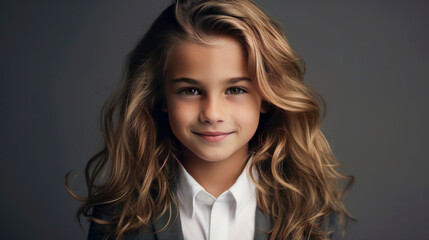 Fototapeta premium Portrait of a beautiful, happy smiling boy with long hair and perfect skin, silver background, banner.