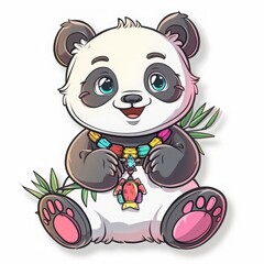 Cute cartoon panda character with colorful necklace, surrounded by bamboo foliage, perfect for children's designs and illustrations.
