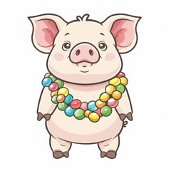 Fototapeta premium A cheerful cartoon pig adorned with a colorful necklace, perfect for illustrations, children's materials, and festive themes.