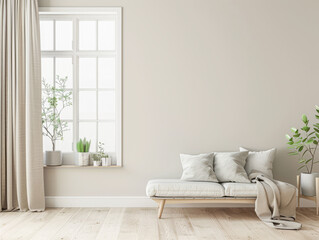 Elegant interiors composition with minimal furniture and natural window lighting. Interiors design luxury image.