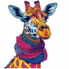 Colorful illustration of a giraffe wearing a vibrant scarf, showcasing artistic flair and uniqueness.