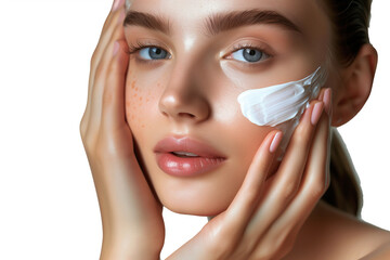  woman is applying makeup to her face. She has a white foundation on her face. The woman is smiling and looking at the camera