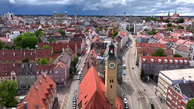 Aerial view of downtown Augsburg in Germany, Bavaria on a cloudy day in summer. 