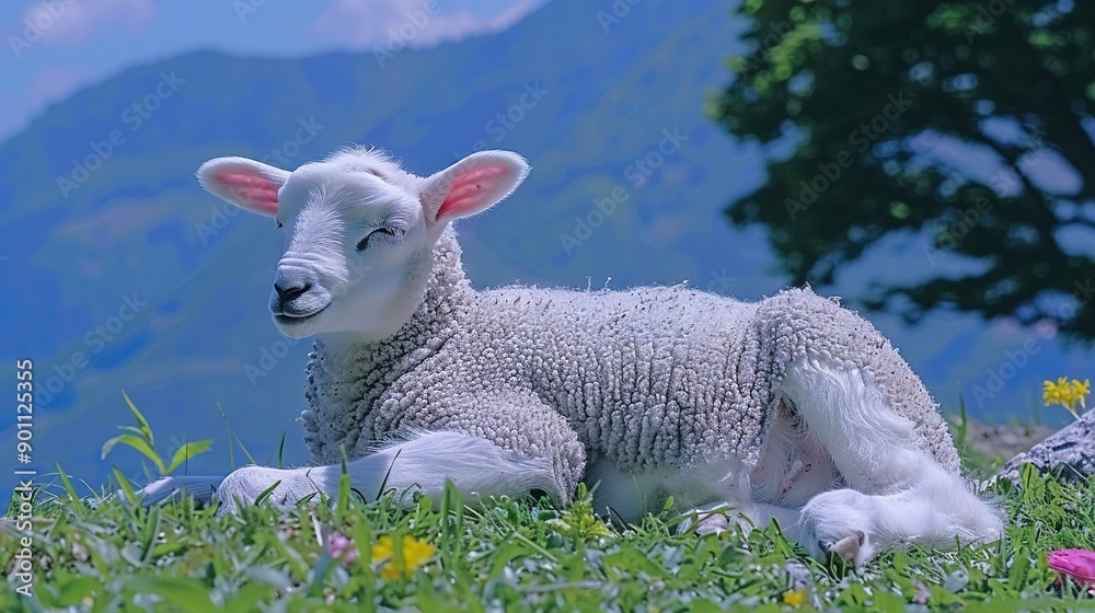 Sticker   Sheep lying in grassy field with mountains in background