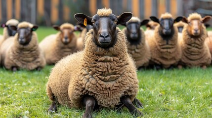 Naklejka premium A group of sheep resting on a verdant meadow beside a wooden barrier