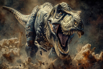 Generative ai on theme of big scary hungry dinosaur with kind eyes and sharp teeth destroying park