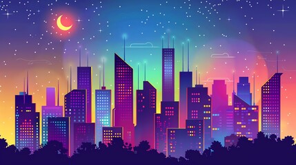 Fototapeta premium A cartoon illustration of a colorful cityscape at night with a crescent moon in the sky.