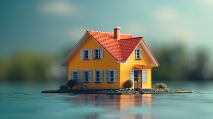 Bright Yellow House on an Island Surrounded by Tranquil Water in the Early Evening Light. Generative AI