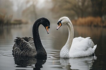 Fototapeta premium Both white and black swans coexisting in a spacious pond, their distinct beauty and the peaceful ambiance of the environment