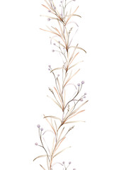 Seamless banner with light round violet flowers. Watercolor hand painting illustration on isolated background. Border with herbs and dried branches. Botanical floral autumn composition pastel color.