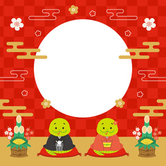 2025年　巳年　年賀素材　着物を着た蛇の夫婦　正方形　バナー