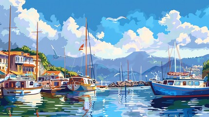 A colorful illustration of a harbor town with boats docked, colorful buildings, and a blue sky with white clouds.