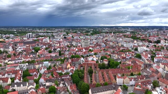 Aerial view of downtown Augsburg in Germany, Bavaria on a cloudy day in summer. 