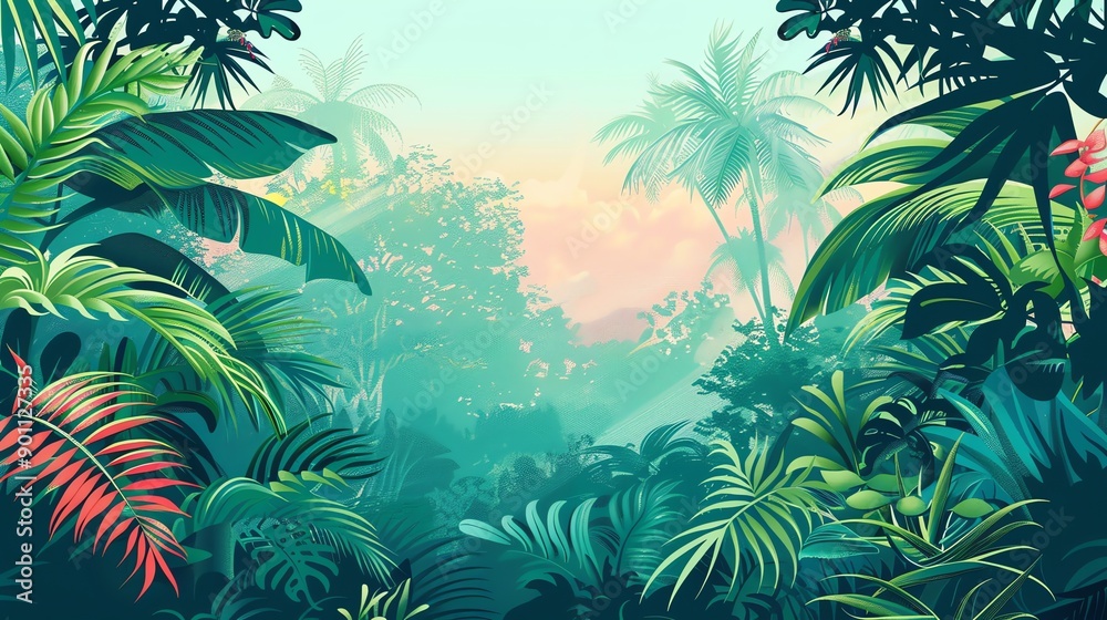 Poster A lush green tropical jungle scene with palm trees, large leaves, and colorful flowers.